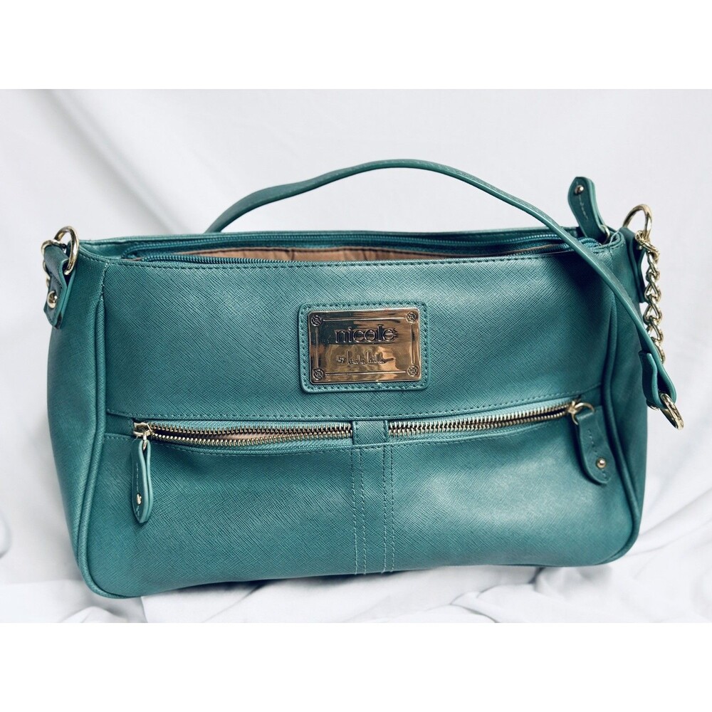 Nicole Miller Crossbody Bag Green Dual Front Pockets Gold Tone Chain Accents